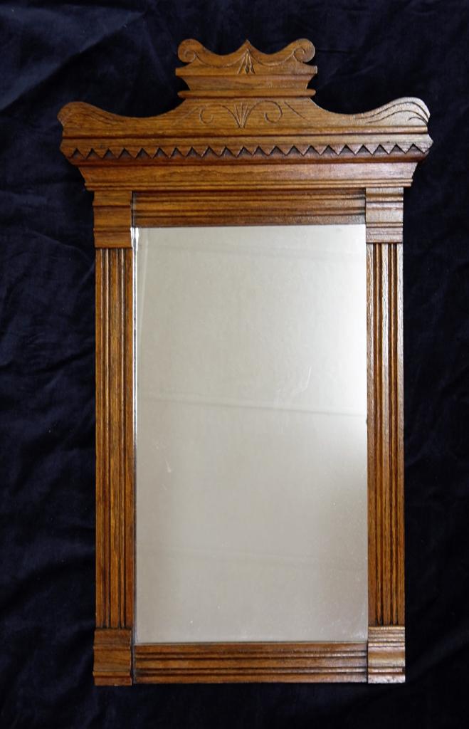 Antique Oak Eastlake Mirror: Antique small oak Eastlake mirror with scroll top, 19"W, 32"H