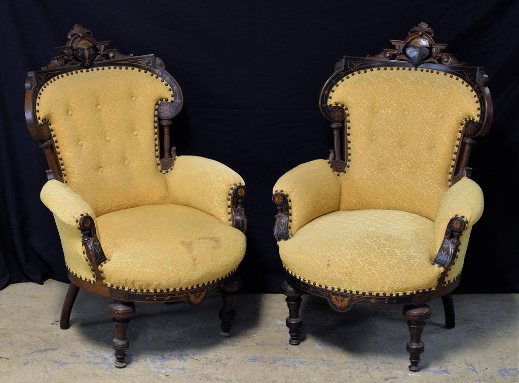 Pair Victorian Armchairs: Pair of antique walnut Victorian armchairs, carved scrollwork, inlays and ebonizing, brocade fabric, older finish, 28"W, 41"H, buyer must arrange shipping or pick-up