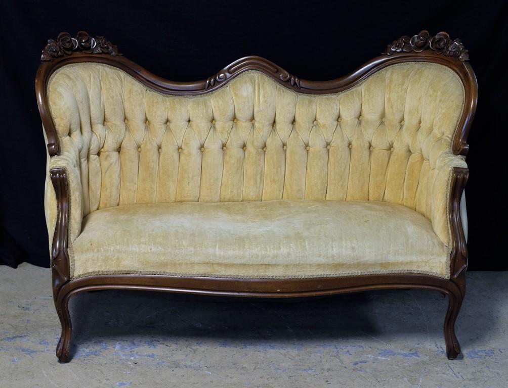 Reproduction Victorian Settee & Chair: Carved walnut Victorian style settee with gold velvet upholstery 56"W, carved walnut Victorian style side chair upholstered in blue velvet 37"H, buyer must arrange shipping or pick-up