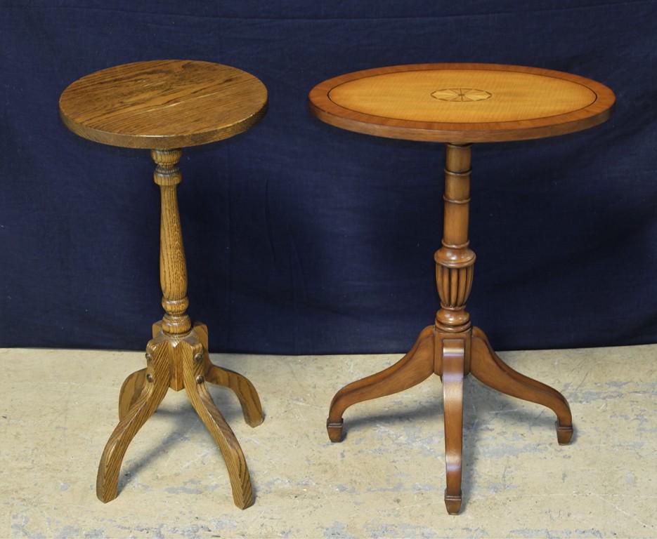 Ethan Allen Occasional Table & Other: Ethan Allen occasional table has oval top with starburst inlay, maple and mahogany veneer, 12" by 20" by 27.5"H, solid oak occasional table 13"D, 28.5"H