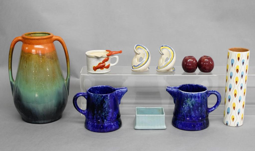 Assorted Stangl Pottery Accessories: Polychrome glaze double handled vase 12"H, pair of Mediterranean pitchers 5"H, lobster melted butter crock, pair of twist candlesticks, apple form salt and pepper shakers, mid-century modern vase 10"H
