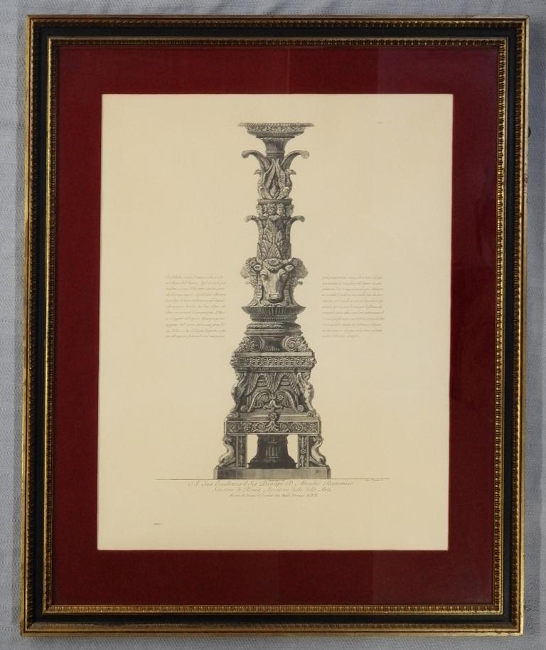 Four Large Italian Framed Architectural Etching: Four vintage high quality etching depicting decorative urns and a candelabra base, nicely matted and framed out to 31" by 38"