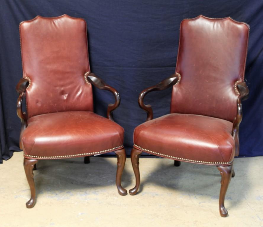 Pair Drexel Heritage Leather Armchairs: Pair of Drexel Heritage burgundy leather armchairs 43"H, buyer must arrange shipping or pick-up