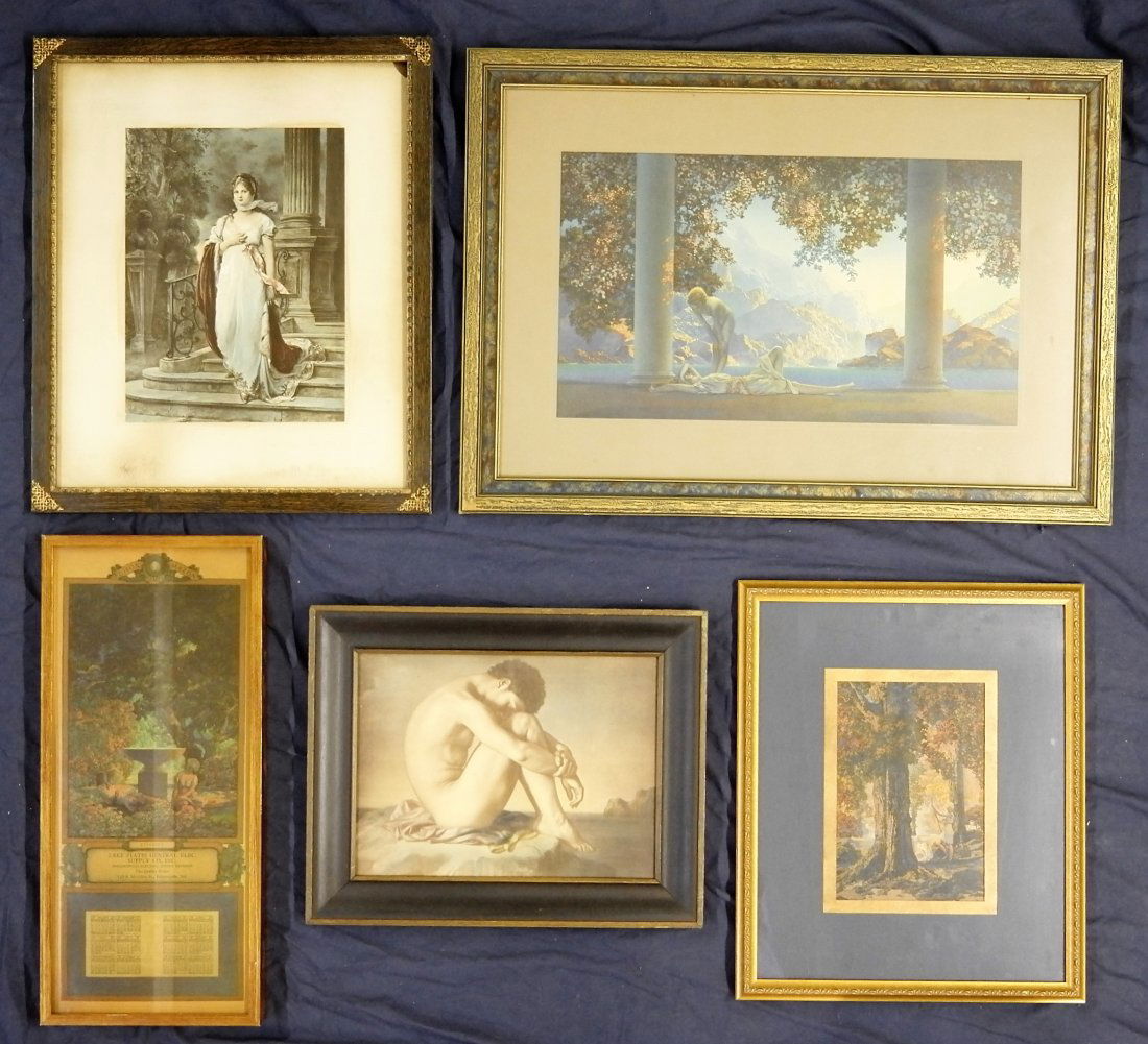 Parrish & Other Framed Prints: Maxfield Parrish Art Deco Print signed The House Of Art N.Y. in original frame 18" by 25.5", Art Deco male nude in original frame 12" by 15", Parrish style forest print in replacement frame 13.5" by 1