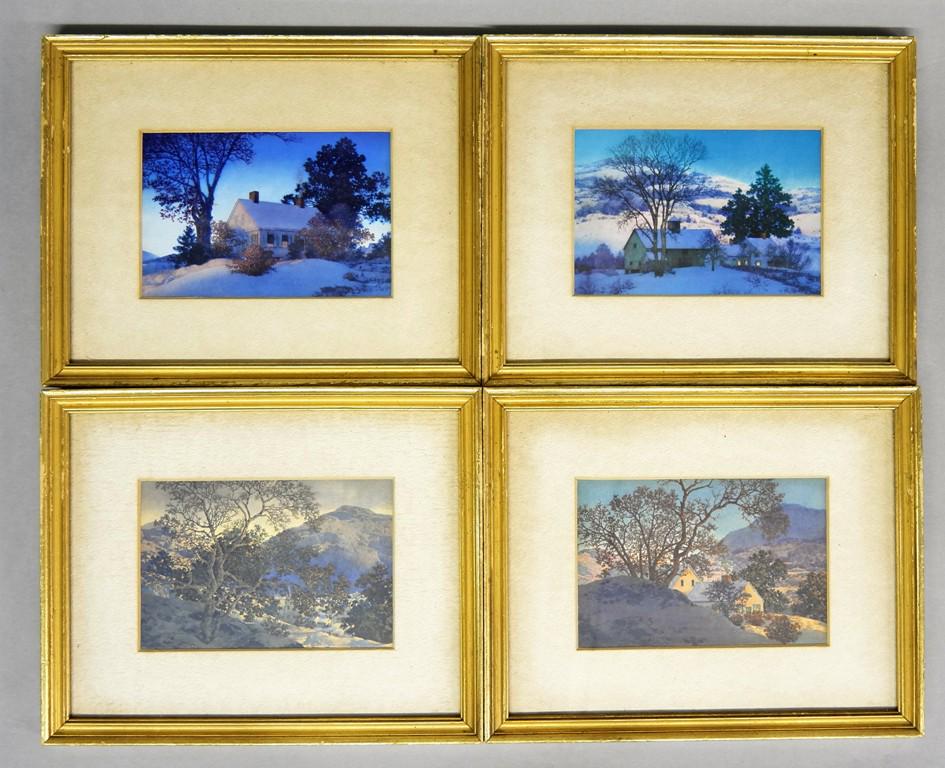 Four Vintage Small Maxfield Parrish Prints: Group of four vintage Parrish prints in matching frames, A New Day, Day Break, Evening Shower and Evening, framed out to 7.5" by 9.25"