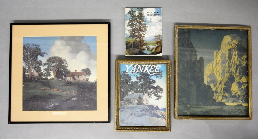 Maxfield Parrish Prints & Book: Vintage Parrish calendar print Daybreak in a black metal frame 12.5" square, vintage Parrish mountains print in original frame 10" by 12", 1979 Yankee magazine cover in older frame 7" by 9", 1938 New