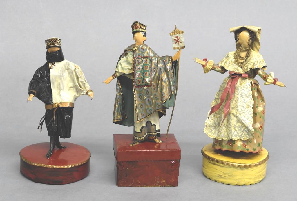 Three Lee Menichetti Artisan Sculptures: Lee Menichetti [New York & Palm Beach Florida 1931 - 1997] well known theatre related artist, hand bent and hand painted bent sheet brass sculptures, circa 1924 couture outfit 8"H, depicting Luisa fro
