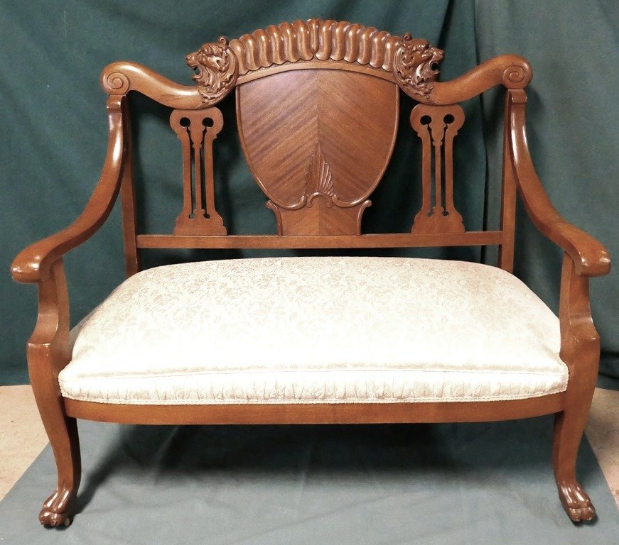 Fancy Lion Carved Settee: Fancy Lion Carved Settee Beautiful Lion Carved Center , with Paw feet and Satin Seat, Highly ornate carving. 44" H, 48" L, 25" D