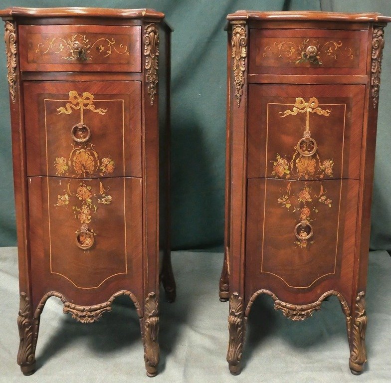 Pair of Mahogany Adams Style Painted Night Stands: Pair of Mahogany Adams Style Painted Night Stands with three drawers with beautiful Adams Style Painting Ribbons and Flowers . 35" T, 15" W, 16" D has a bed also