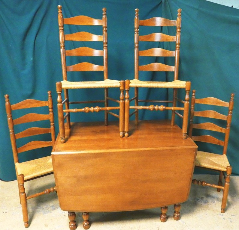 Rock Maple Drop Leaf Table & Four Ladder Back Chairs: Rock Maple Drop Leaf Table & Four Ladder Back Chairs, signed Rockport, Traditional Table and Ladder Back Chairs, Beautiful Table Sized open 70"L, 34" W, 29" H
