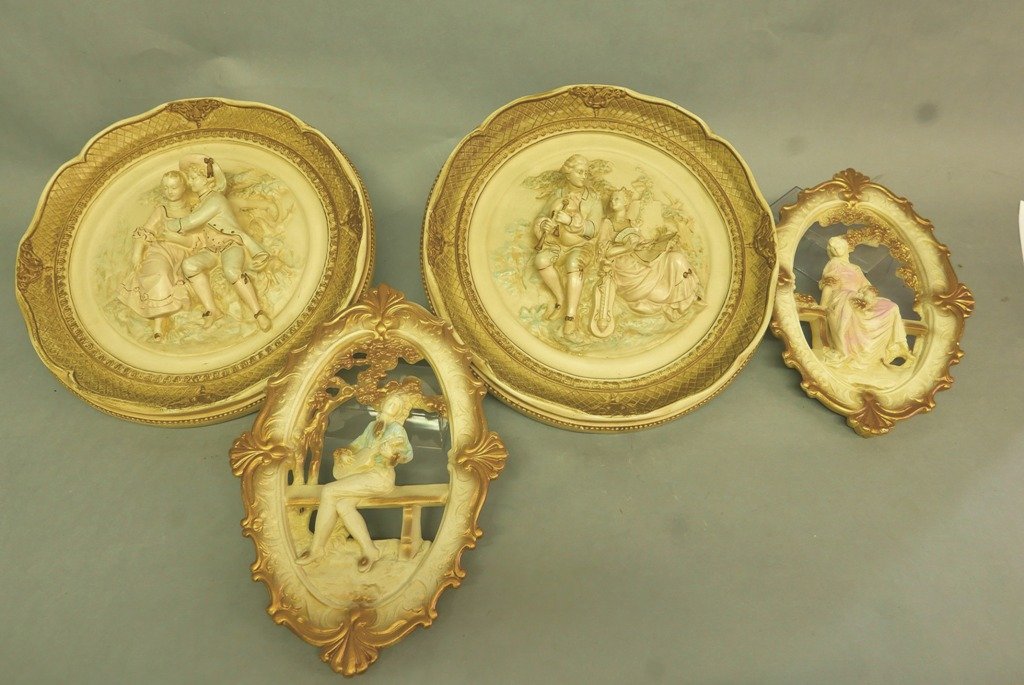 Victorian Style Chalk scenes, Two Circular & Two Oval: Quite Decorative Chalk Victorian Lady Scenes in Chalk with Gold Edges and some color, very pretty for walls. 16" Dia, 14" t Signed Alexander Backer