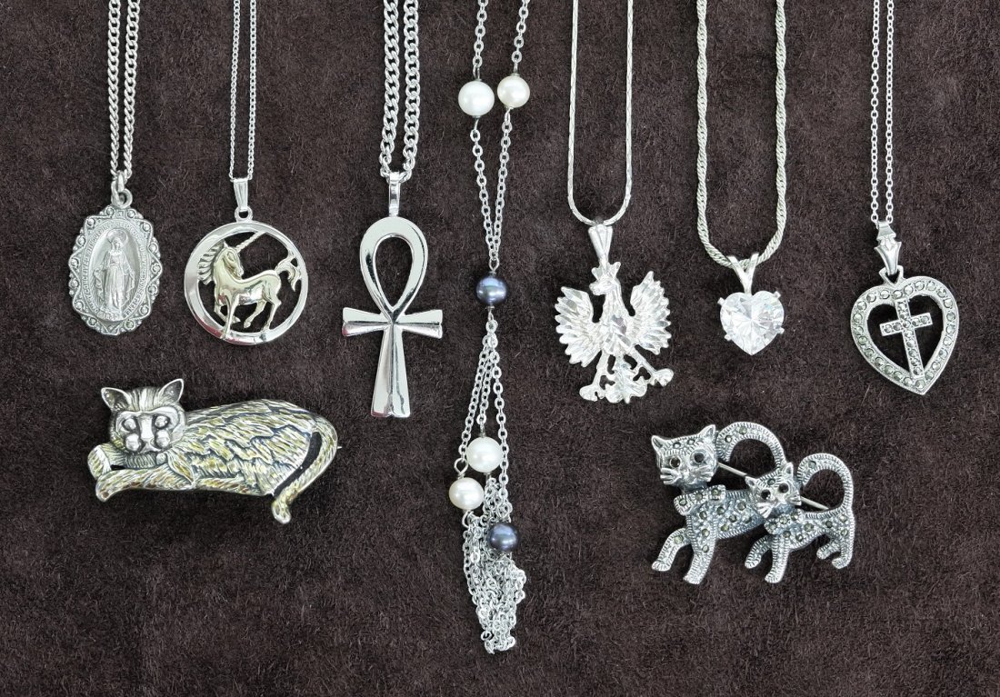 Seven Sterling Silver Chains & Etc.: Seven Sterling Silver .925 Chains, Two Cat Pins, Seven Necklaces with Pendants, One Cat Pin with Marcasite & Ruby Eyes