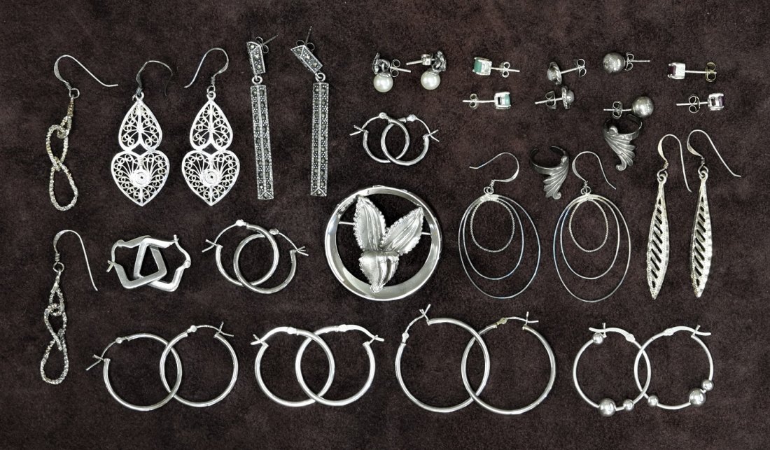 Lot of Sterling Earrings: One Pair of Ear Cuffs, on Pin, Five Pairs of Stud Earrings with Stones, and Pearls 12 Pairs of 925 Earrings, Five Pairs of Studs)(one pair of marcasites 925