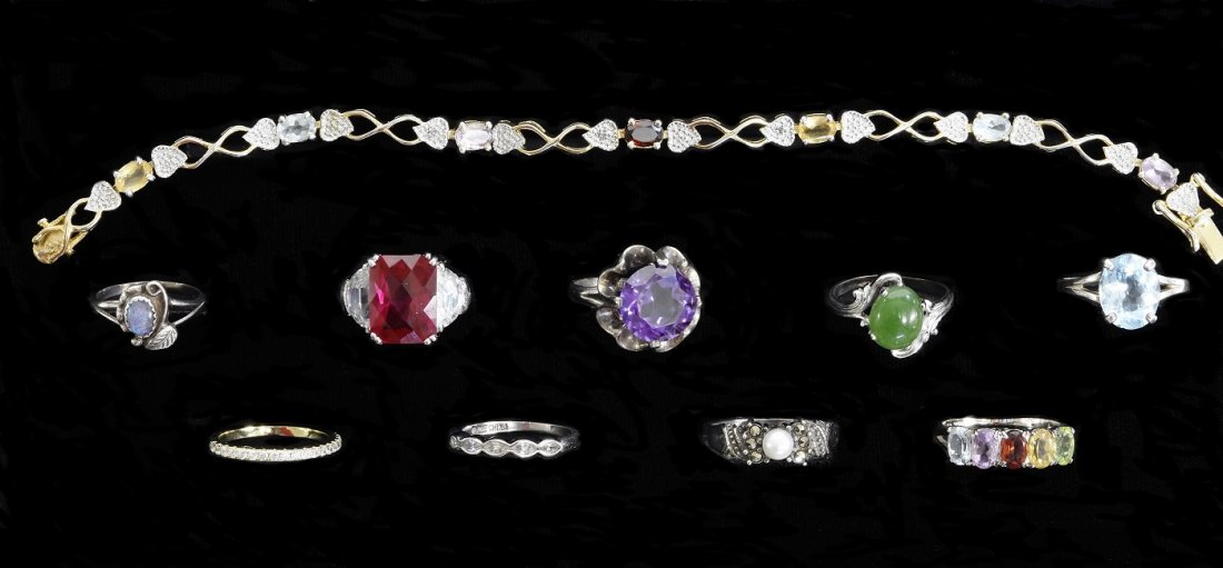 Nine Sterling Rings with Stones, One Bracelets: 9 Sterling Rings and One Braclet