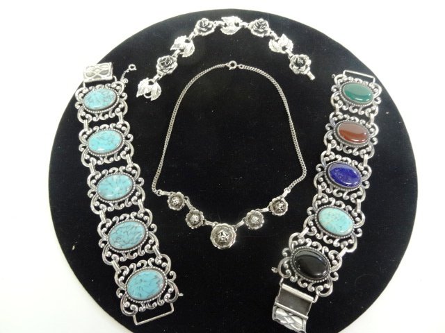 Two Artisan Made Cuff Bracelets Sterling with Stones: Multicolor Stones Matching Necklace and Bracelet Rosette Design, Cane Craft Signed Two Cuff 8" Long, Bracelets, Rosette Design Necklace and Bracelet Sterling 8"