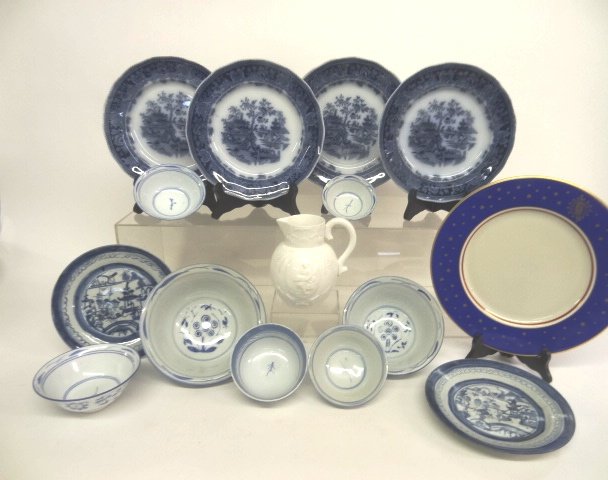 Collection Blue & White Plates, Canton, Minton, Etc: Two Canton Dessert Plates, Minton Pitcher English, Four Shanghai Plates, Commemorative Doughtier of the American Revolution Plate, Largest 9"