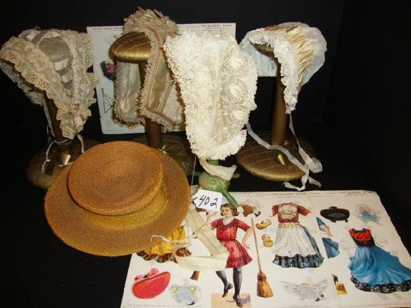 Doll Bonnets & Straw Hat: Doll Bonnets & straw hat, four Victorian doll bonnets & cut outs