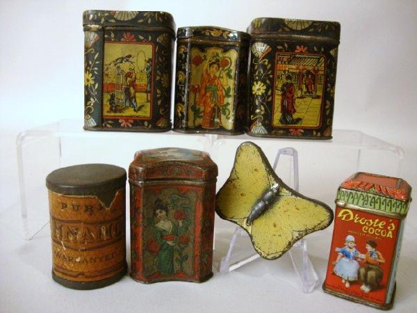Miniature Advertising Tins: Miniature Advertising Tins, 7 pieces, Wonderful Litho, one shaped as a butterfly,Droste's Coca, Chinese Tea Tins, 2 1/4"