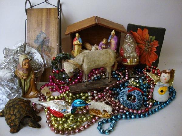 Christmas Grouping: Santa Ornament, Beads, Goat on Wheels, Indian Sleigh, etc. 18 pieces 3 1/2" t