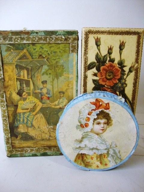 Victorian Decorative Candy Boxes: Three Victorian Decorative Candy Boxes, 1 Spanish scene, Kate Greenaway Girl, Flowers 8 1/4" t, 3 pieces