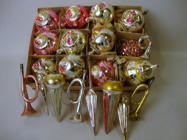 Victorian Figural Christmas Balls: Victorian Glass Christmas Balls in Original Box, some with indented Cherries, there are three horns, etc. 21 pcs.