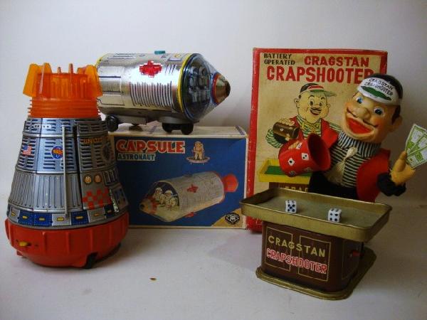 Battery Operated Toy Assortment: Apollo Space Capsule OB 7", U.S. Space Capsule, Cragstan Crapshooter OB 9", 3 pieces