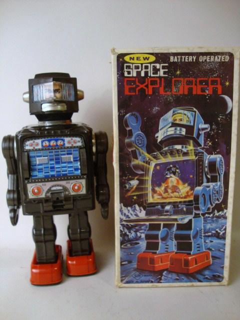 Space Explorer Battery Operated Robot - OB: Japan Tin Battery Operated Space Explorer Robot in OB measures 11 1/2" t