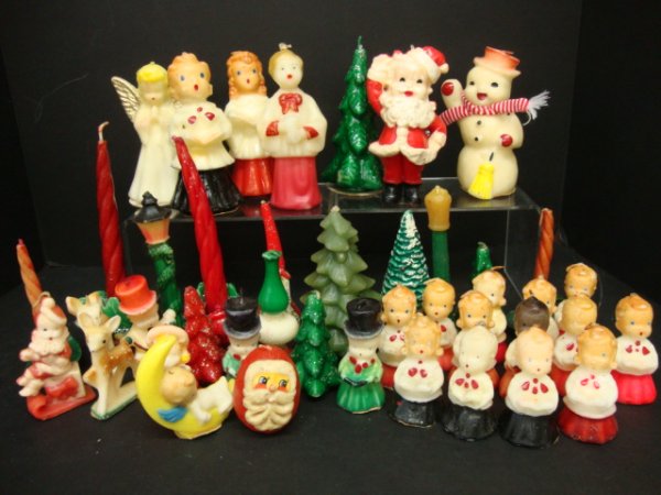 Christmas Wax Candles: Christmas Wax Candles large grouping of 40 pieces, Altar boys, Trees, Santa, Lanterns, etc. 5" t