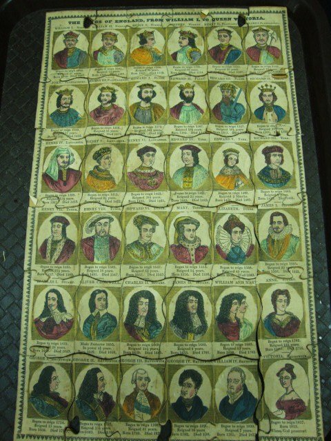 Early Wooden Puzzle Kings of England: Ealry Wooden Puzzle Kings of England, from William to Queen Victoria, with original Wooden box 14 1/2 x 9"