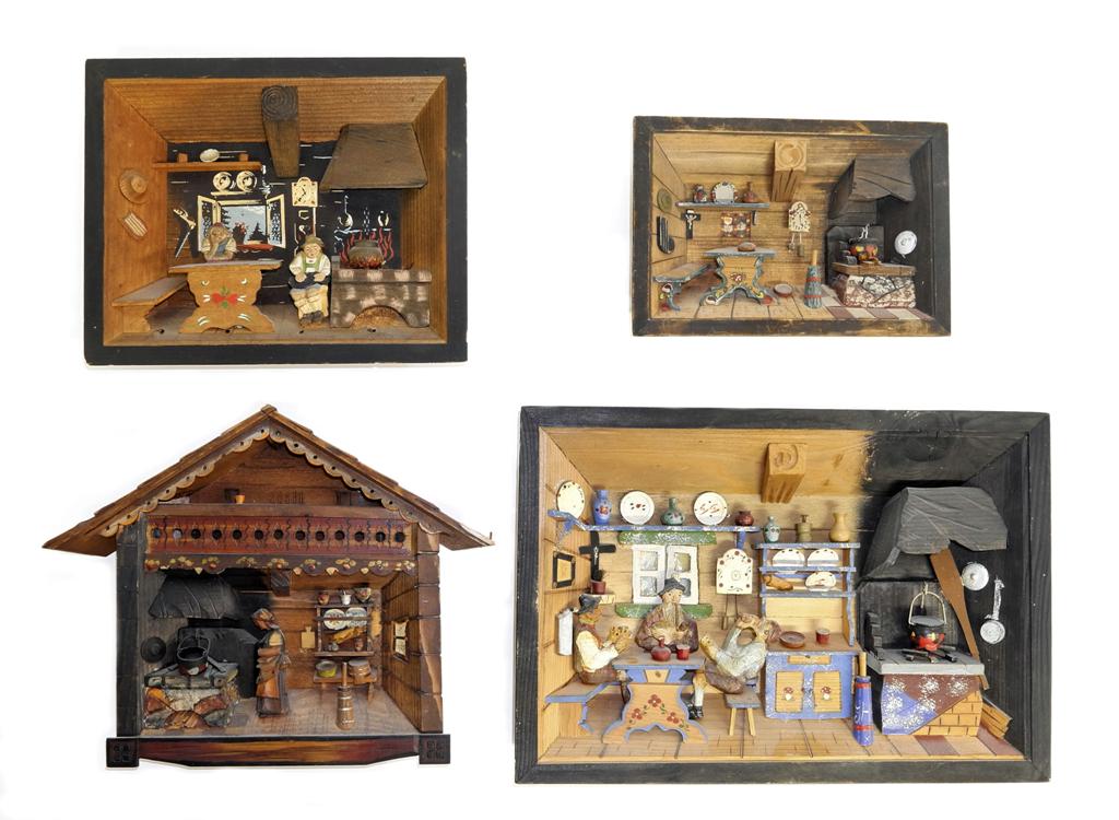 Four Vintage German Carved Wood Dioramas: Four carved wood shallow dioramas with hooks for hanging, 7.75" to 12.5"W