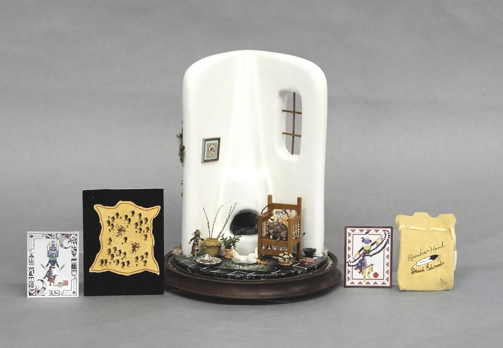 Small South-West Diorama Under Dome: Small south west adobe style fireplace corner display has a painted and carved floor, artisan accessories, two Jacki Transue cats, pilgrim style chair, extras included with dome include A. Hunt painte