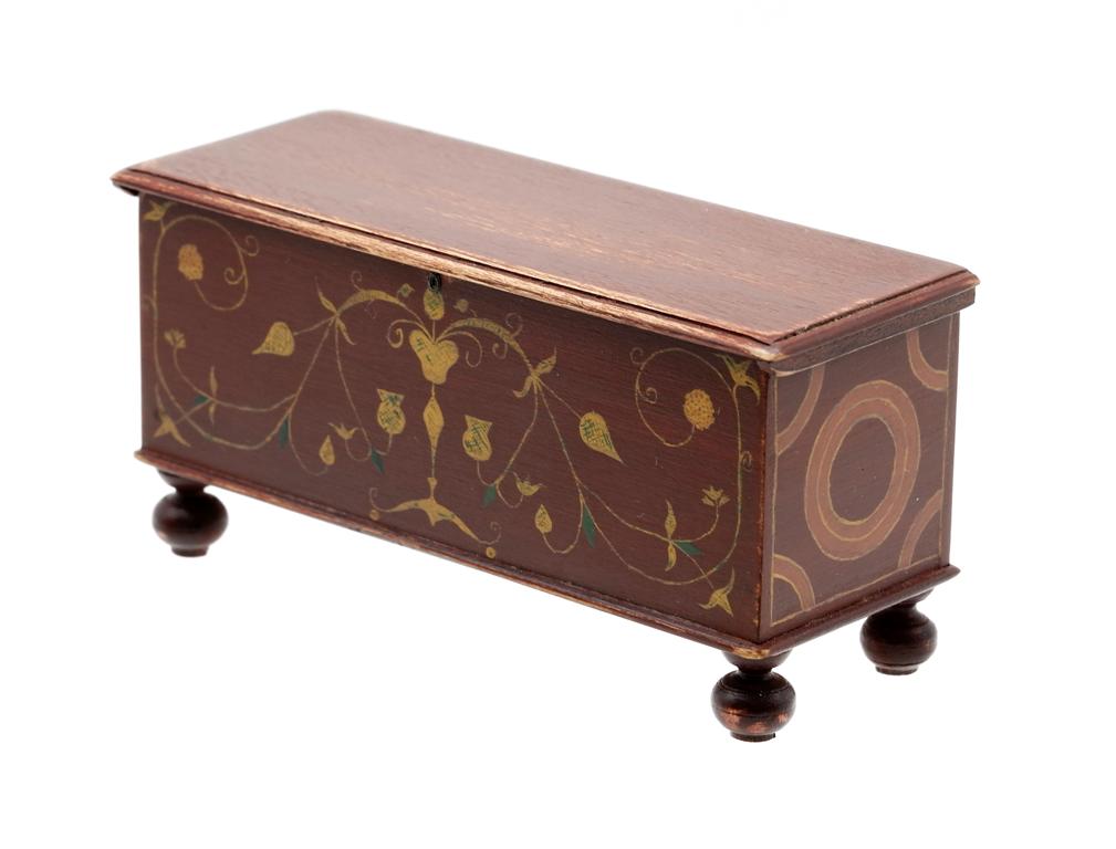 James Hastrich Painted Blanket Chest Dollhouse: James Hastrich painted mahogany blanket chest with floral urn, vine and circles, 4"W