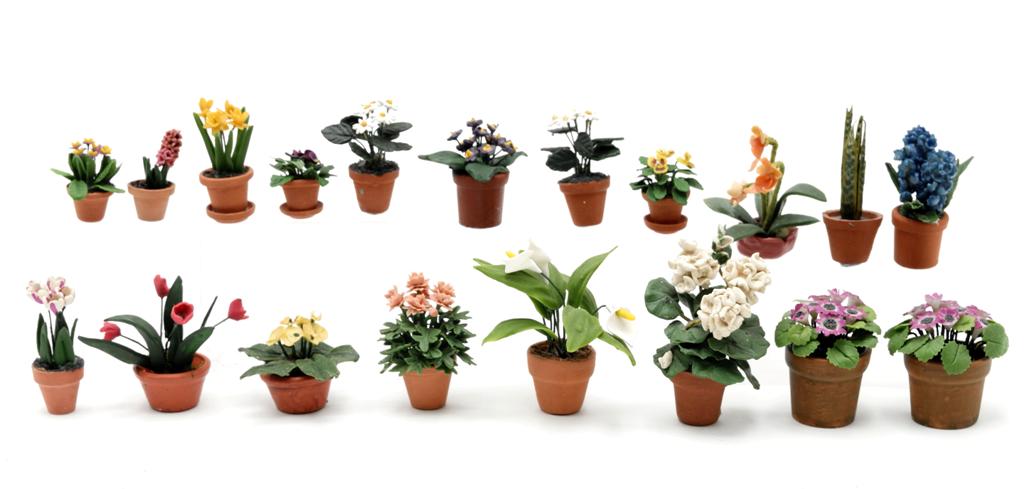 20 Small Plants In Clay Pots Dollhouse Miniatures: Nice assortment of small plants in clay pots, tallest 2"