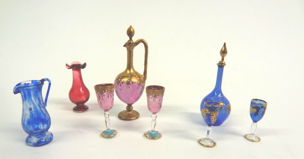 Francis Whittemore Colored Glass Dollhouse Miniatures: Francis Whittemore blue decanter with gold gilt stopper, collar and flowers 1.25"H with two matching wineglasses, Whittemore wine ewer with partial gilt has two matching wine glasses, also includes a 
