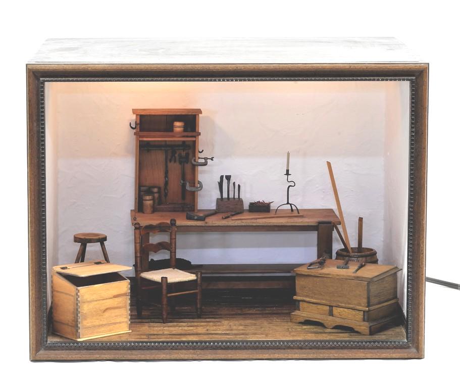 Wood Working Shop Room Box Dollhouse: Small vintage stained wood working shop room box has a removable glass front for access, interior has wood flooring, faux stucco painted walls and ceiling beams hiding built in lighting, included tran