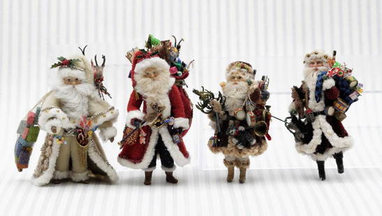 Four Artisan Santa Miniature Dolls: Group of four tiny artisan Santa with exquisite detail, range in size from 1.75" to 2.25"