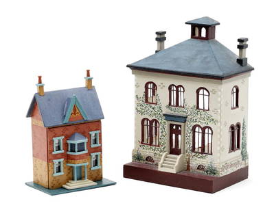 Casson & Other Miniature Dollhouses: Valerie Casson hand painted wood Victorian two story house has a removable front to reveal a wall papered interior and two rooms furnished with tiny metal furniture, 2.75"W, 2"D, 4"H, also includes a