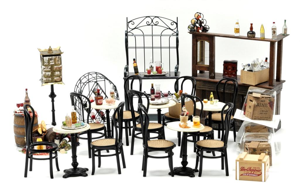 Dollhouse Bar & Bistro Furniture & Supplies: Dollhouse miniature wood bar 5.25"W, Janet Uytuke small diorama with barrels, grapes and bottles of wine, cast metal and brass post card display rack 5.25"H, crates of bottles, trays with liquor bottl
