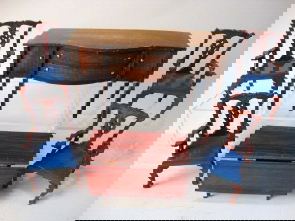 Tynietoy Mahogany Dining Room Furniture: Four Tynietoy Chippendale arm chairs, large bow front sideboard w/slide tray, all stamped, drop-leaf table not stamped, 4" t