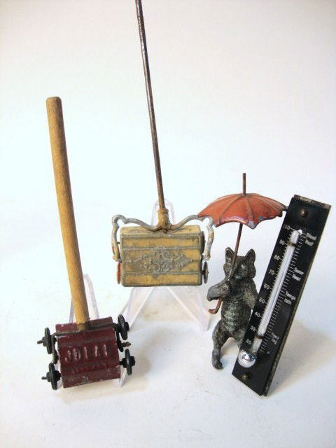 Austrian Bronze Cat, Sweepers: Austrian bronze cat with umbrella & thermometer, soft metal & tin sweeper, Ideal metal sweeper, 6" t