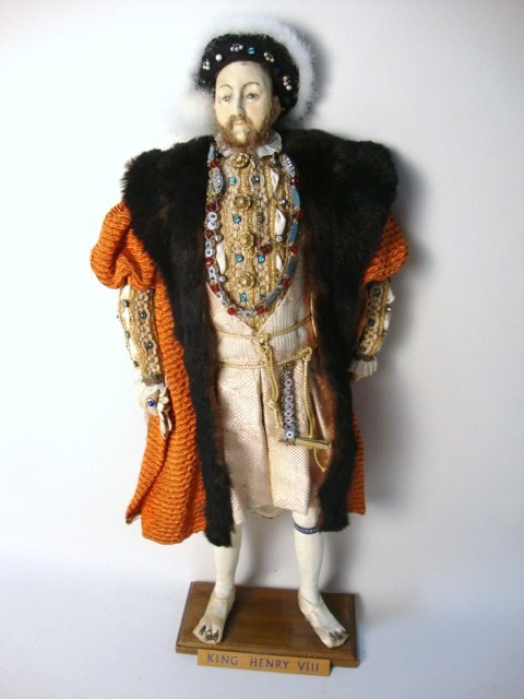 Rare 19" Wax Head King Henry VIII: Rare 19" Wax Head King Henry VIII, doll dressed in similar fashion to Heiser dolls w/wooden base marked King Henry VIII, very elaborate clothes w/individually stitched gemstones
