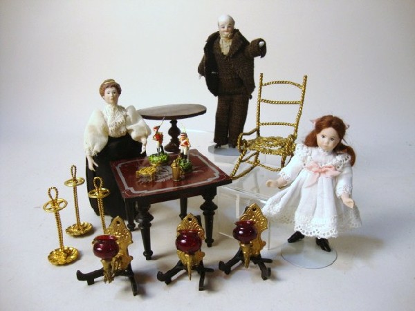 Ormolu & Artist Dolls: Sixteen pieces: three artist dolls, ormolu rocker with ornate seat, two Biedermeier style tables, wall sconces, Staffordshire style figures and umbrella stands 5"