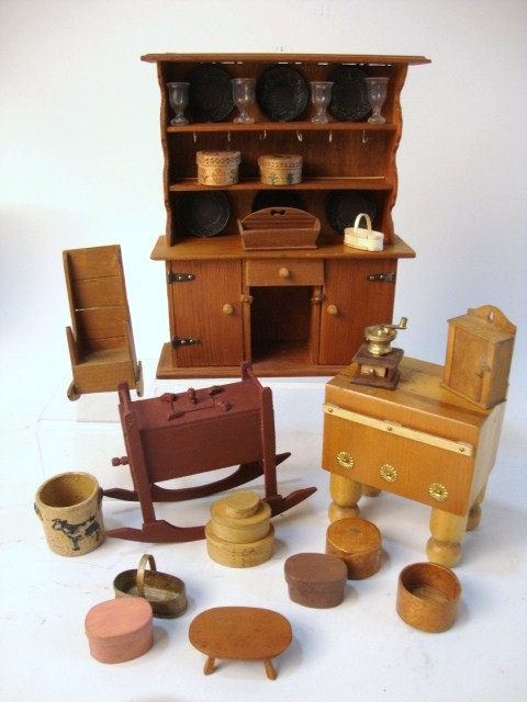 Chestnut Hill Cupboard, Miscellaneous Furniture: Chestnut Hill colonial cupboard w/pewter plates, glasses and other unmarked pieces. Child's chair, pantry boxes, silverware tray, etc. 5 3/4" t