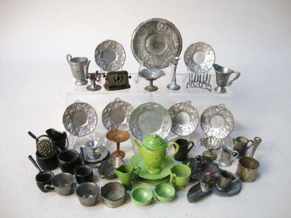 Pewter Miniatures: Pewter Miniatures, large lot with toast rack, compotes, plates, etc. 1" t