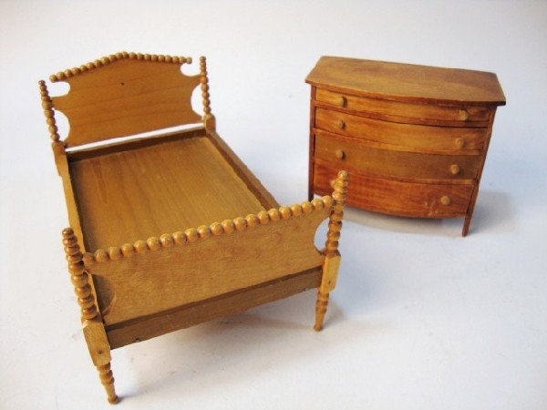 Tynietoy Spool Bed, Chest: Tynietoy spool bed, bow front chest, both stamped 3 1/2" t