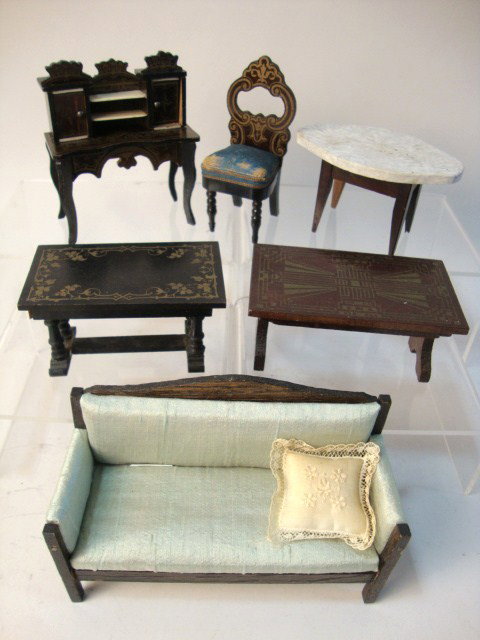 Biedermeier Desk, Chair, Other Vintage: Biedermeier desk & chair plus 4 pieces of vintage furniture, 4" t