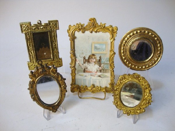Ormolu Dollhouse Pictures: Five ormolu and gilt metal dollhouse pictures, 4 3/4" t