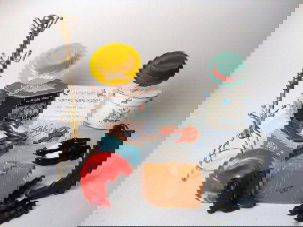 Salesman's Sample Hats, Shoes: Salesman's sample hats, shoes, brass hat stand, 11 1/2" t