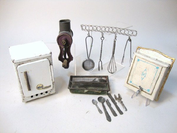 German Kitchen Accessories: Vintage German kitchen accessories, Krol Kuhlung refrigerator, wire utensil rack, tin silverware holder, water reservoir, food chipper, 5" t