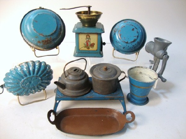 German Coffee Grinder, Accessories: German tin coffee grinder with children motif, tin stove burner w/tea kettle & pot, meat grinder, etc..